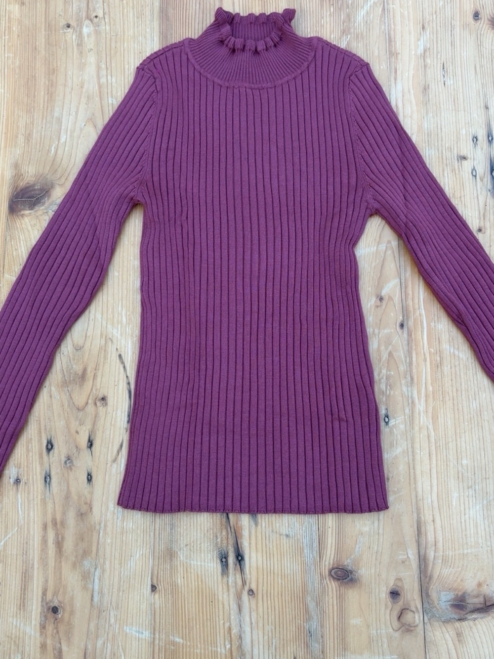 Hooked Up by IOT Ribbed Ruffle Mock Neck Sweater - Plum
